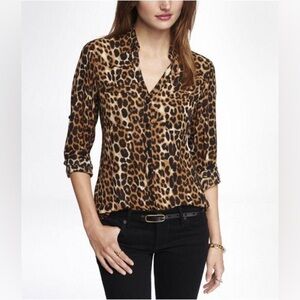 EXPRESS sz L Cheetah Animal Print Sheer Button Down Roll Tab Blouse Top
